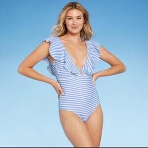 Kona Sol Blue and White Striped Ruffle One‎ Piece Swimsuit Spring break Summer